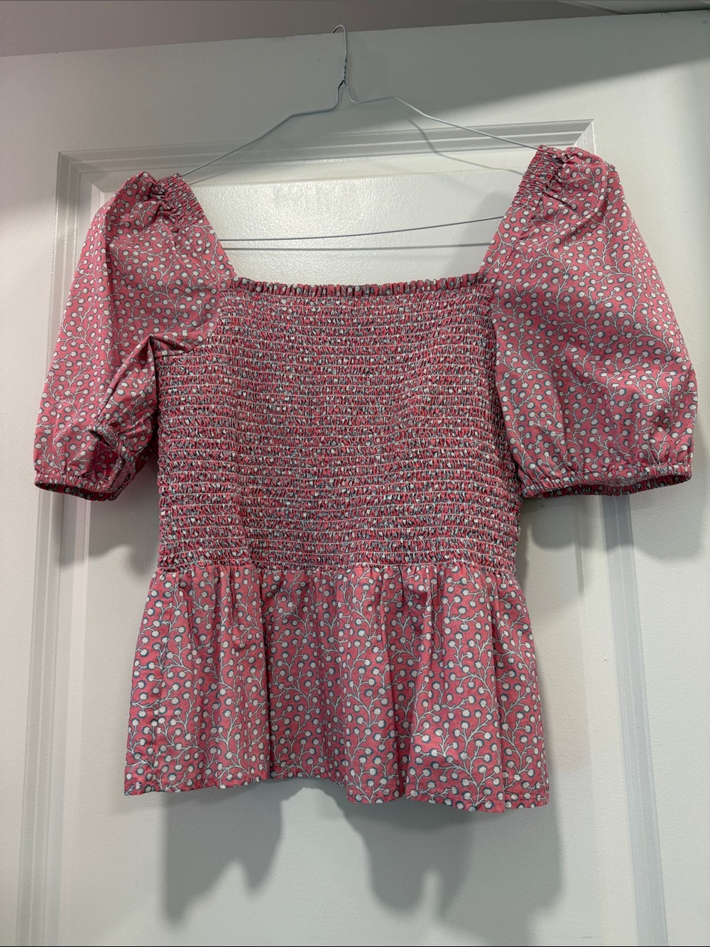 French Connection Pink Smocked Square-Neck Puff Sleeve Blouse